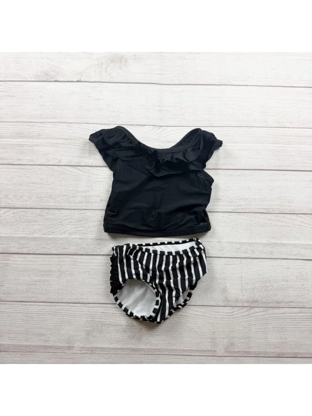 RuffleButts Black White Striped Ruffled Two Piece Tankini Swimsuit Girls 6